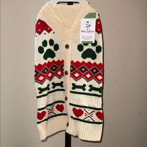 NWT House of Barker Fair Isle Hearts Bones Paws Red Green Cream Sweater Sz XL